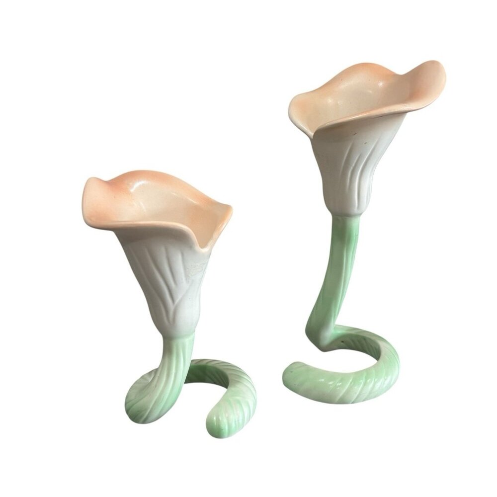 Vintage 90s Pair of Fitz & Floyd Calla Lily Candle Holders Pastel Pink Green